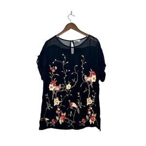 Anthropologie Floreat Size Large Mesh Embroidered Sequin Floral Bird Blouse